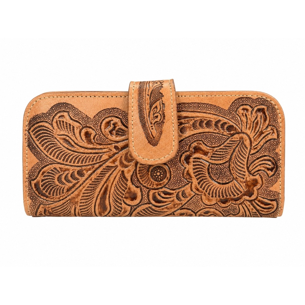 Madio‎ In Mexico Tooled Floral Leather Wallet Western Cowgirl Clutch Beige NEW